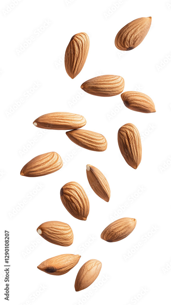flying almonds isolated on transparent white background, clipping path flying almonds isolated on transparent white background, clipping path