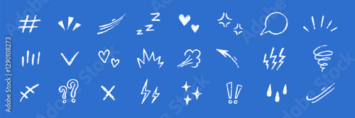 Line movement comic element, cartoon emotion mark effect decoration icon. Hand drawn cute doodle line element arrow, emphasis, shock, sparkle. Anime movement, express shape. Vector illustration