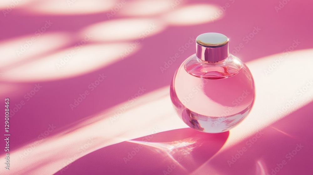 Elegant pink perfume bottle on soft pink background with shadows Elegant pink perfume bottle on soft pink background with shadows