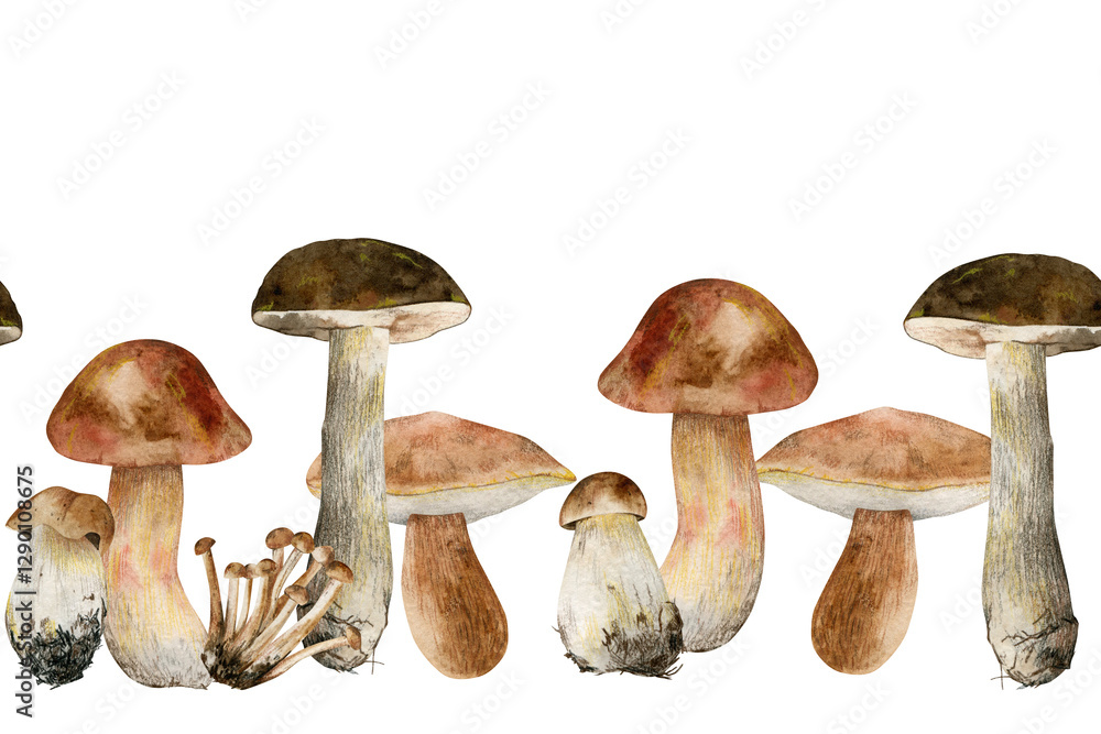 Porcini mushroom. Seamless horizontal border of edible mushrooms. Watercolor illustration. For background design, packaging, textiles. Porcini mushroom. Seamless horizontal border of edible mushrooms. Watercolor illustration. For background design, packaging, textiles.