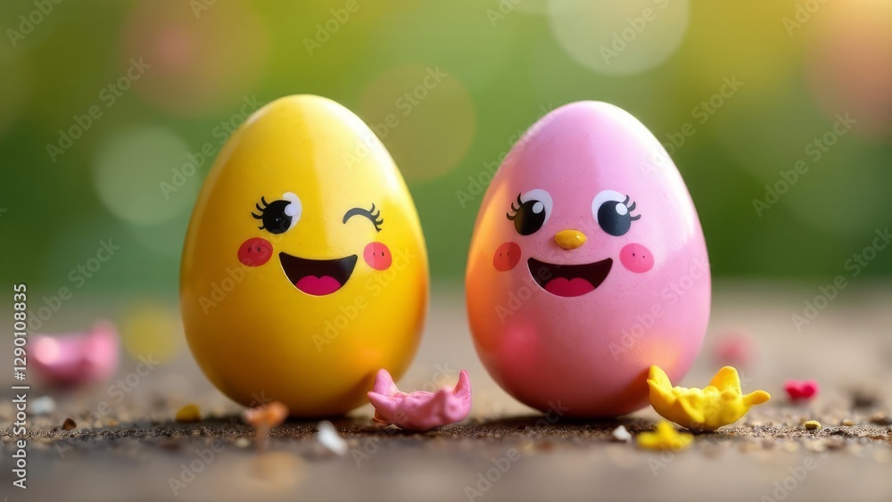 Two colorful Easter eggs with cheerful cartoon faces, yellow and pink, placed on natural surface with scattered flower petals. Bright and playful springtime scene for festive and holiday theme Two colorful Easter eggs with cheerful cartoon faces, yellow and pink, placed on natural surface with scattered flower petals. Bright and playful springtime scene for festive and holiday theme