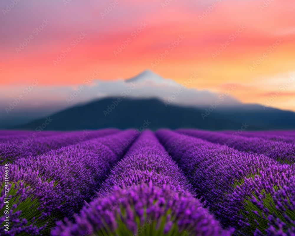Obraz premium A vibrant lavender field stretches toward a misty mountain under a colorful sunset sky.