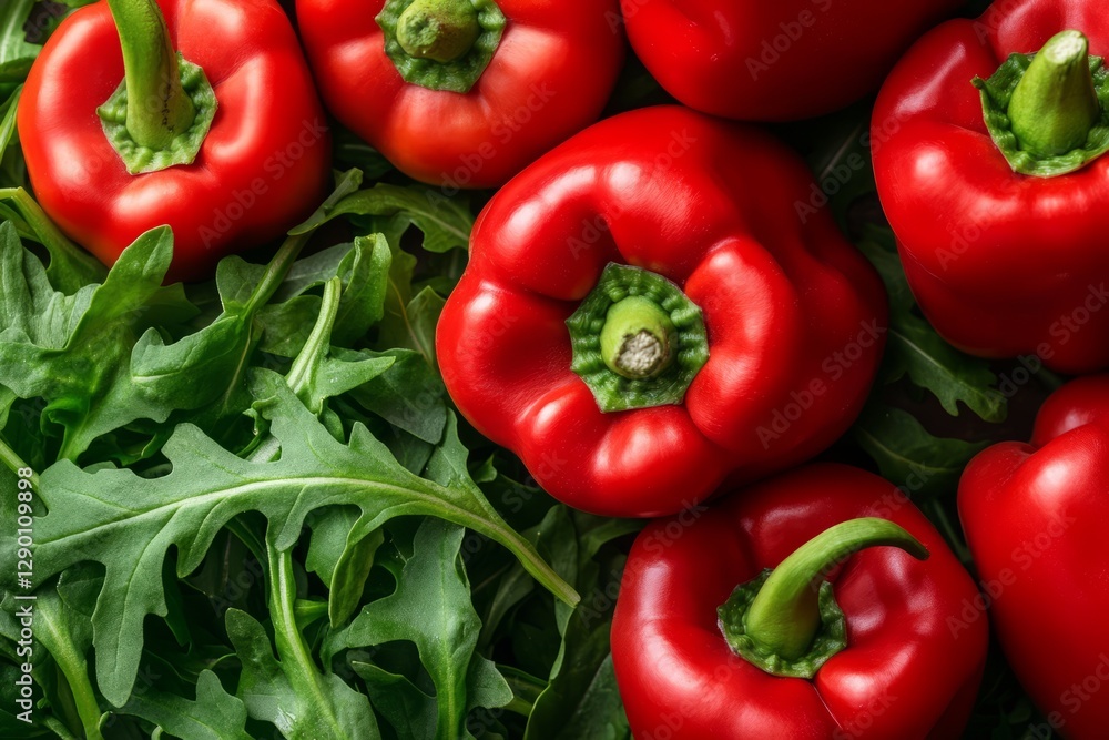 Fresh Red Peppers and Green Leafy Vegetables on a Wooden Surface for Culinary Inspiration Fresh Red Peppers and Green Leafy Vegetables on a Wooden Surface for Culinary Inspiration