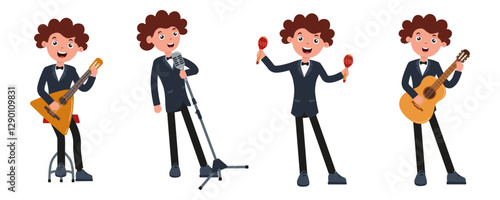 Young musician performing with various instruments at a lively event in the evening