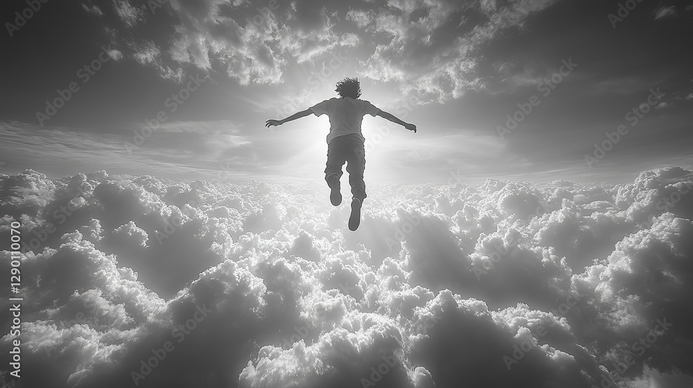 silhouette of a man jumping through the clouds black and white photo silhouette of a man jumping through the clouds black and white photo