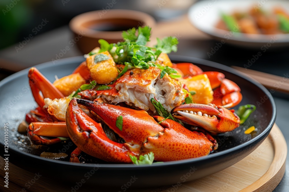 Freshly Cooked Crab Dish Garnished with Herbs and Spices on a Black Plate Freshly Cooked Crab Dish Garnished with Herbs and Spices on a Black Plate