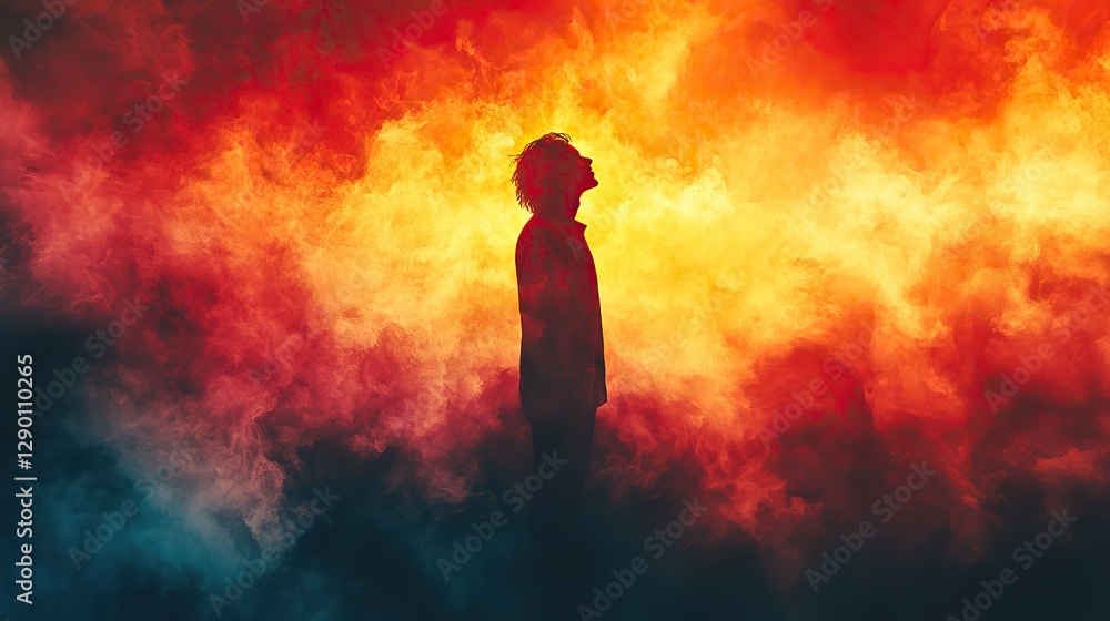 silhouette of a person in worship on the background of smoke christian illustration digital watercolor painting silhouette of a person in worship on the background of smoke christian illustration digital watercolor painting