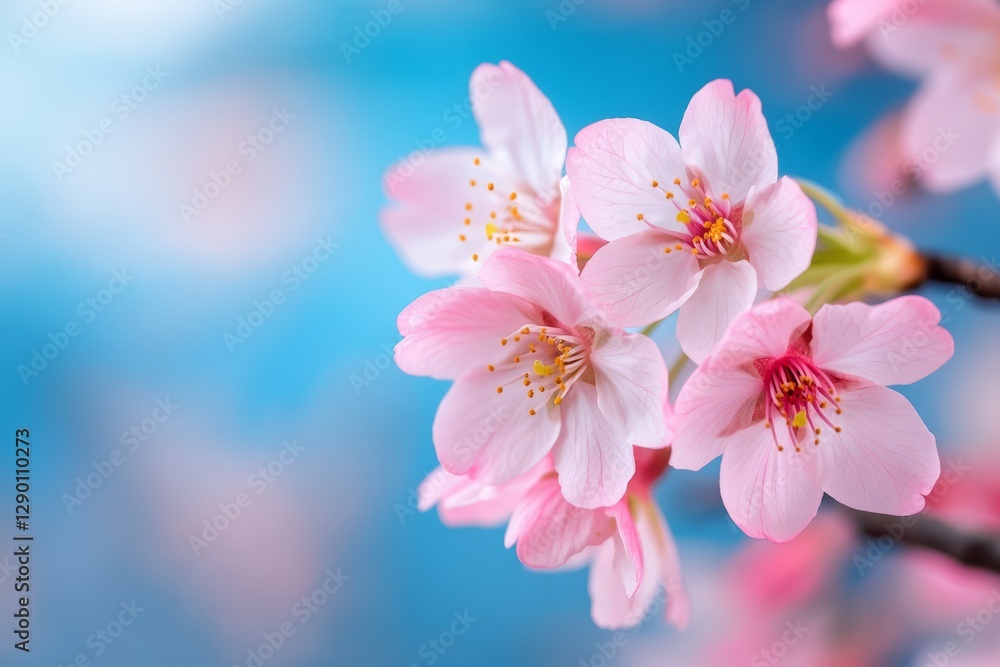 Delicate Pink Cherry Blossom Flowers Blooming Against a Soft Blue Background in Springtime Delicate Pink Cherry Blossom Flowers Blooming Against a Soft Blue Background in Springtime