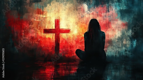 silhouette of a woman praying in front of the cross shadow of a man on the wall digital watercolor painting