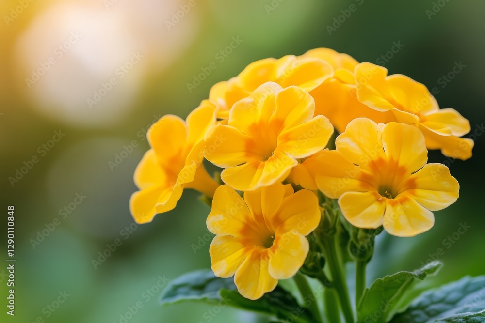 Vibrant Yellow Blossoms with Green Leaves on a Soft Natural Background in Springtime Garden Vibrant Yellow Blossoms with Green Leaves on a Soft Natural Background in Springtime Garden
