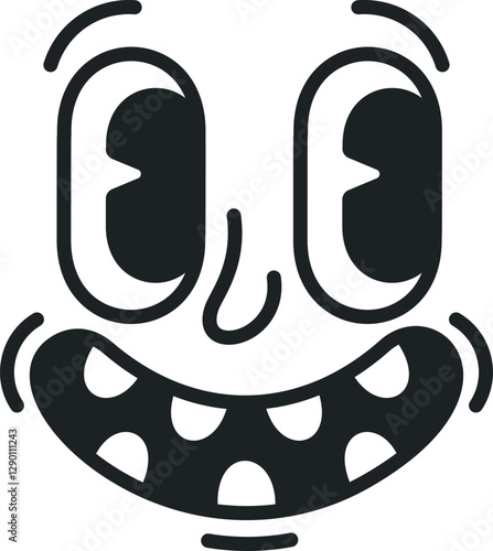 Positive groovy face black-and-white vector illustration