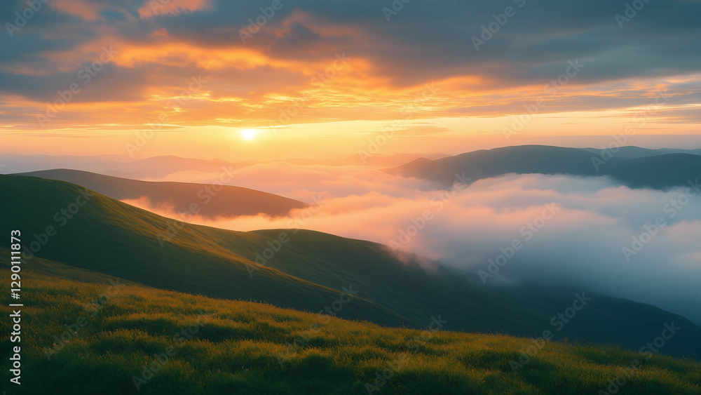 Misty mountain landscape at sunrise, with rolling green hills covered in clouds and a golden light piercing through