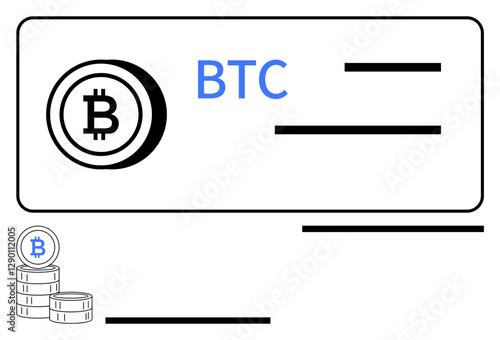 Bitcoin logo with BTC text on a rectangular card, accompanied by minimalistic stacked coins. Ideal for cryptocurrency, blockchain, digital payments, fintech, decentralized finance, virtual