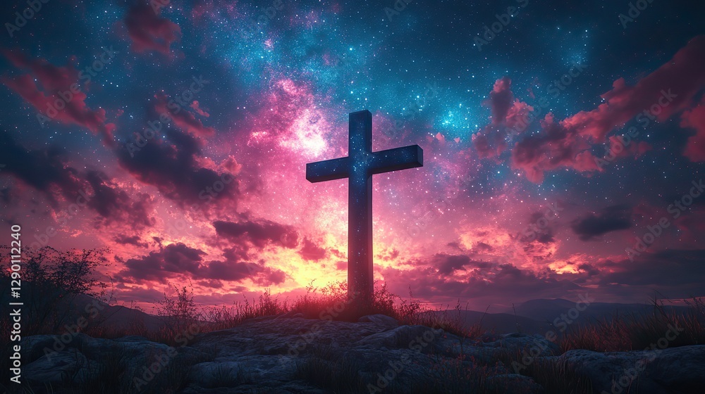 Fototapeta premium silhouette of the cross against composite image of starry sky worship