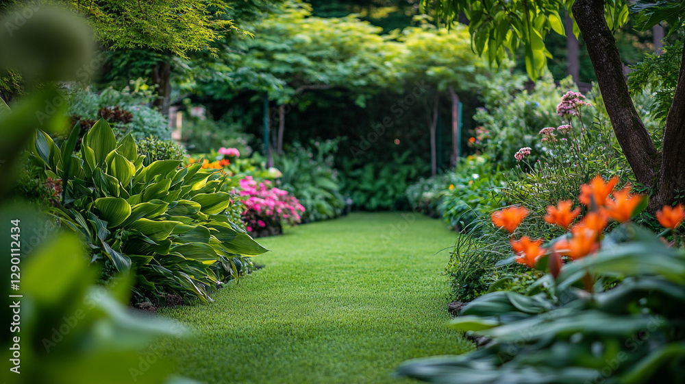 Obraz premium Serene lush garden path with vibrant flowers and green plants view park grass trees color nature