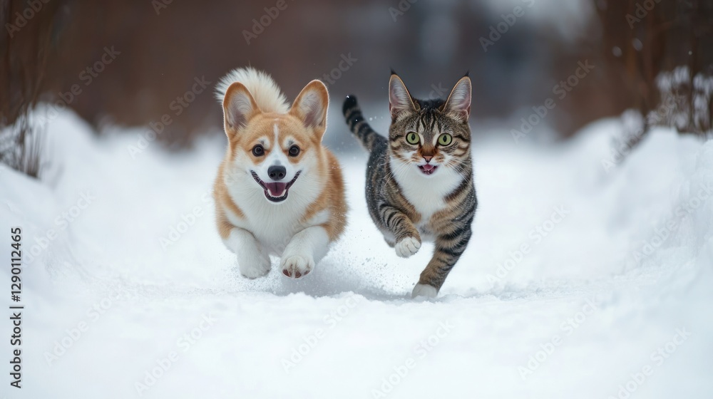 Two pets joyfully running through snowy path in winter Two pets joyfully running through snowy path in winter