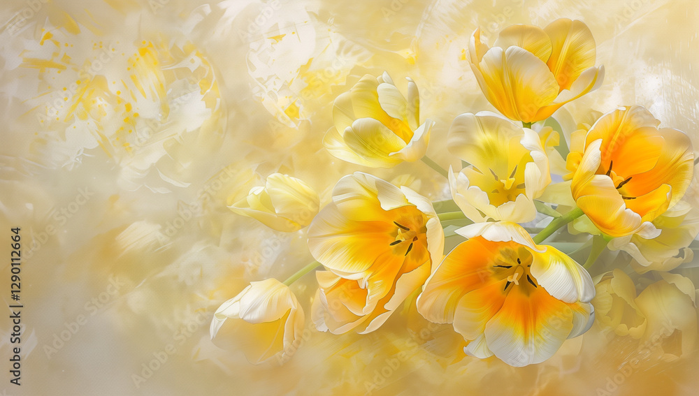 Fototapeta premium A stunning bouquet of yellow tulips against an elegant gold background
