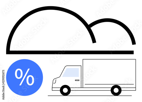 Truck driving under stylized cloud, blue circle with percentage sign. Ideal for logistics, delivery services, cloud computing, cost reduction, transportation, supply chain, business efficiency