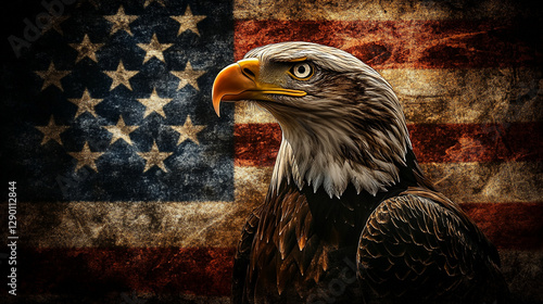 Majestic bald eagle portrait against a vintage american flag background usa art red bird power image