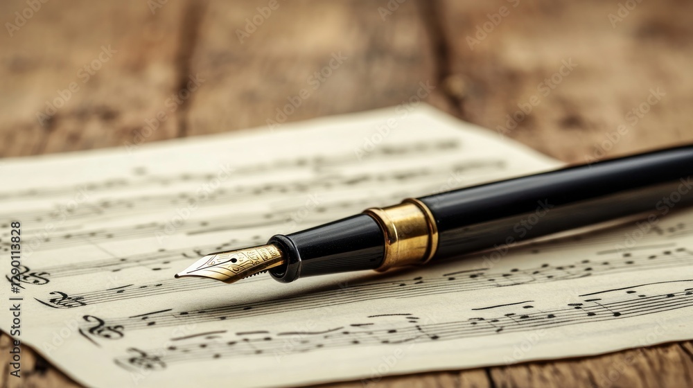 Elegant fountain pen resting on sheet music on wooden table Elegant fountain pen resting on sheet music on wooden table
