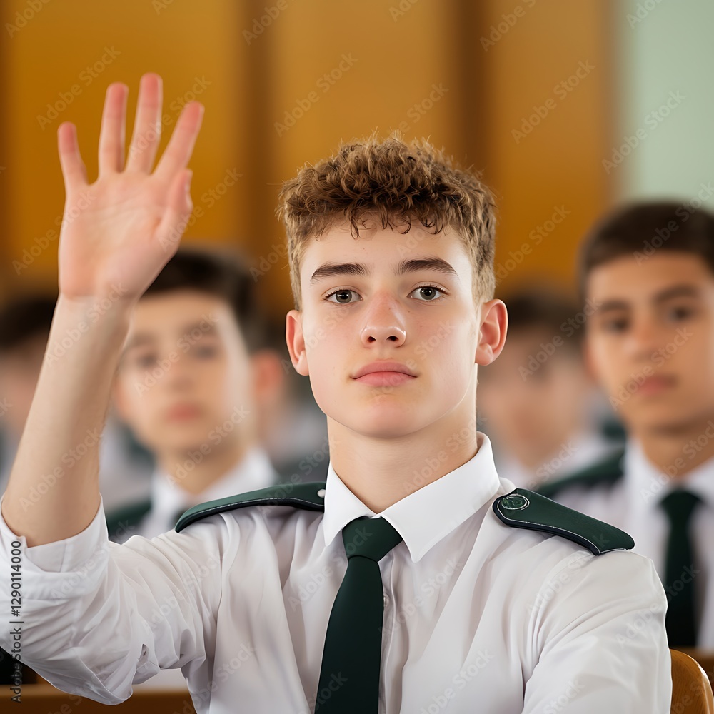 Students raising hands in classroom education system modern school standards engaging learning environment Students raising hands in classroom education system modern school standards engaging learning environment