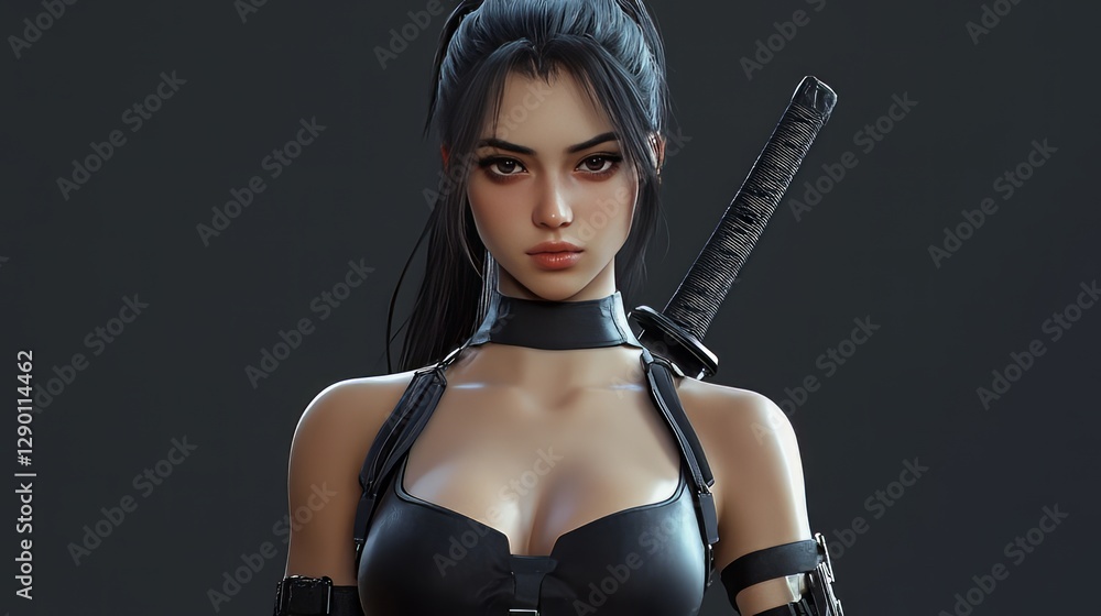 Fantasy Warrior Girl With Katana. Confident Beauty With Weapons. 3D Render.
