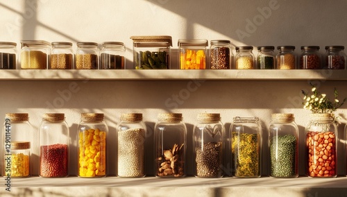 Sunlit kitchen shelves filled with glass jars of various spices and grains photo