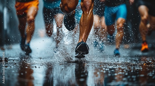 Dynamic Moment of a Man Joyfully Running Through a Splashing Puddle in a Rainy Urban Environment