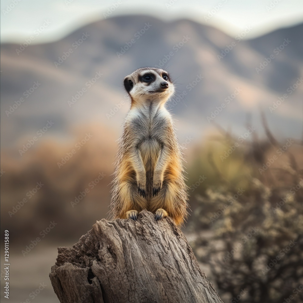 Fototapeta premium Alert Meerkat Sentinel Standing Guard on a Weathered Log Against a Mountain Backdrop in a Warm Hued Desert Landscape