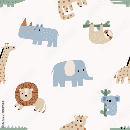 Cute African Safari animals flat style. Childish rhinoceros, giraffe, leopard, crocodile, koala. Kids vector seamless pattern