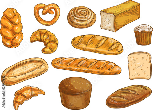 Bread sorts and bakery elements set. Vector pencil sketch of rye bread, ciabatta, wheat bread, muffin, bun, bagel, sliced bread, french baguette, croissant, pretzel
