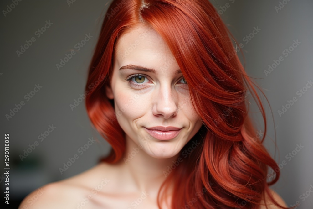 Fototapeta premium Portrait of a Young Caucasian Female with Long, Flowing Red Hair, Showcasing a Natural, Confident Expression Against a Soft, Neutral Background