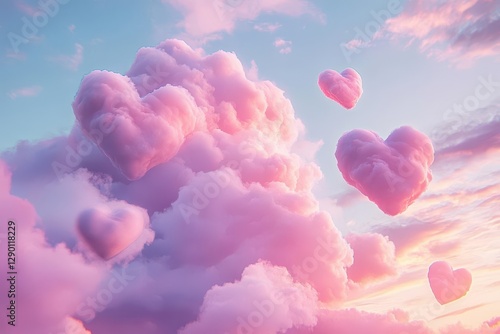 fluffy pink clouds cradle drifting heart shapes, glowing in a pastel sunset sky, weaving a dreamy, love-filled fantasy scene.