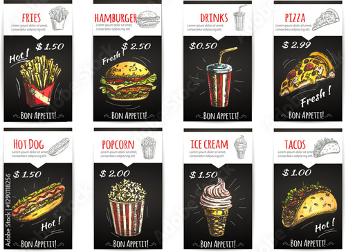 Fast food menu poster with description and price label. Isolated sketch icons elements of fries, hamburger, drinks, pizza, hot dog, popcorn, ice cream, tacos