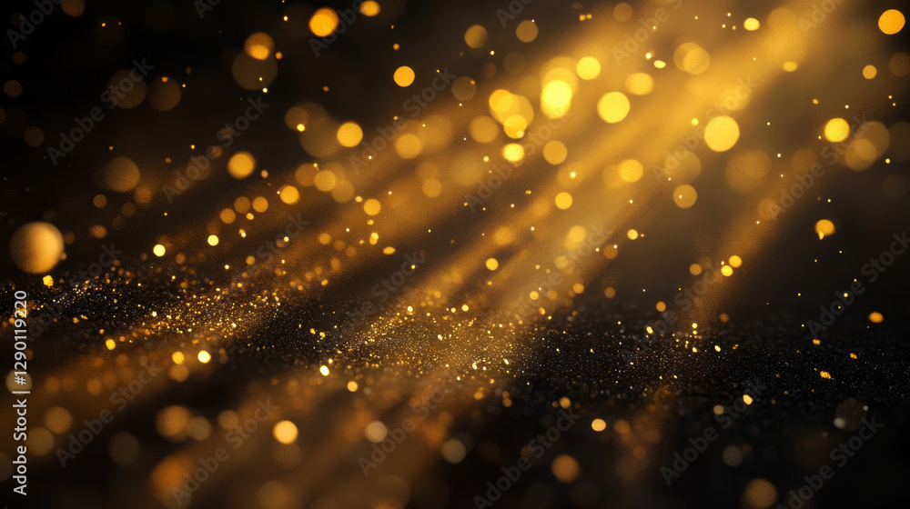 Naklejka premium Golden light rays create magical bokeh effect on dark background