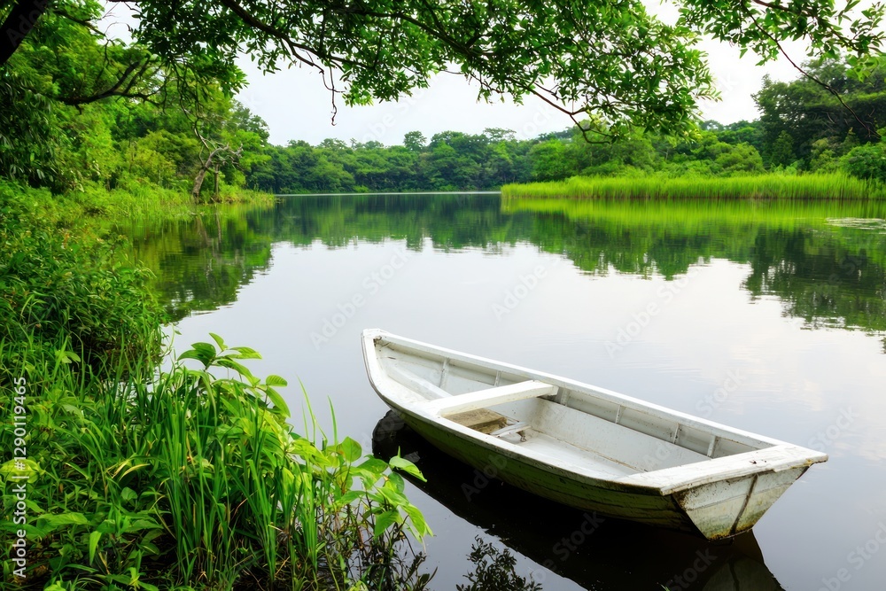 Obraz premium Serene boat ride amidst tranquil water and lush green forest scenic summer landscape