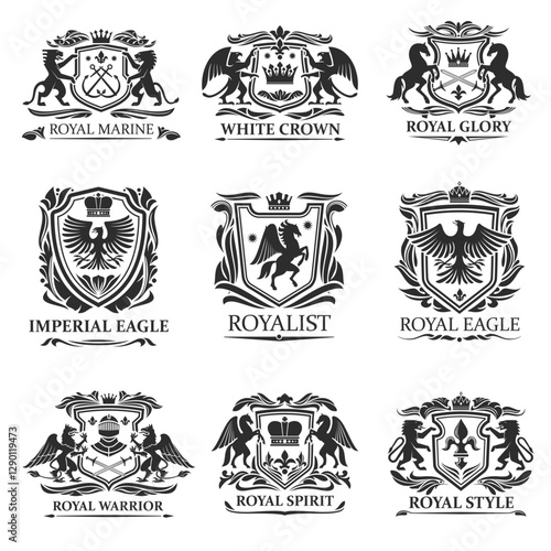 Shield badges and emblems vector design of royal heraldry. Heraldic coat of arms with lions, eagles and king crowns, knight swords, helmets and horses, griffins, pegasus, fleur-de-lis and leaf scrolls