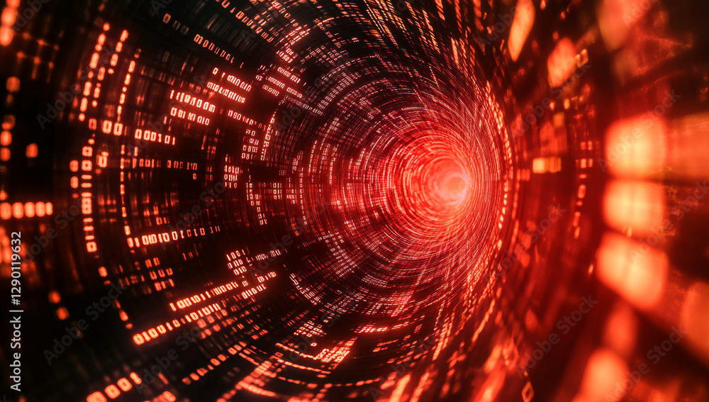 Fototapeta premium Digital tunnel with glowing red binary data and abstract patterns