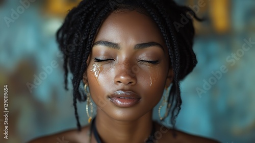 touched by his grace beautiful young black woman with braids looking up with tears in her eyes christian concept