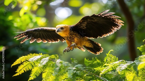 Majestic changeable hawk eagle soars through lush tropical forest canopy with grace and power in natural light