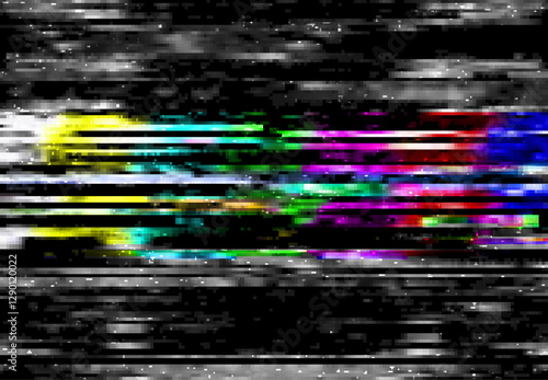 Glitch digital color distortion, lines and pixel noise. Vector VHS background of rewind effect, tv signal error, television and video crash patterns, glitch texture abstract backdrop design