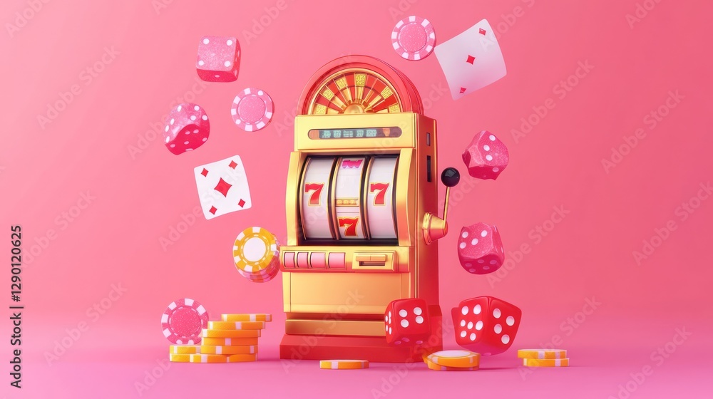 Colorful slot machine with dice and cards on pink background Colorful slot machine with dice and cards on pink background