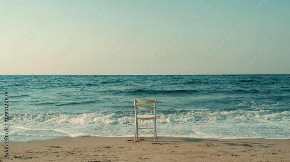 Empty Chair by the Shore with Gentle Waves and Calm Sea View Empty Chair by the Shore with Gentle Waves and Calm Sea View