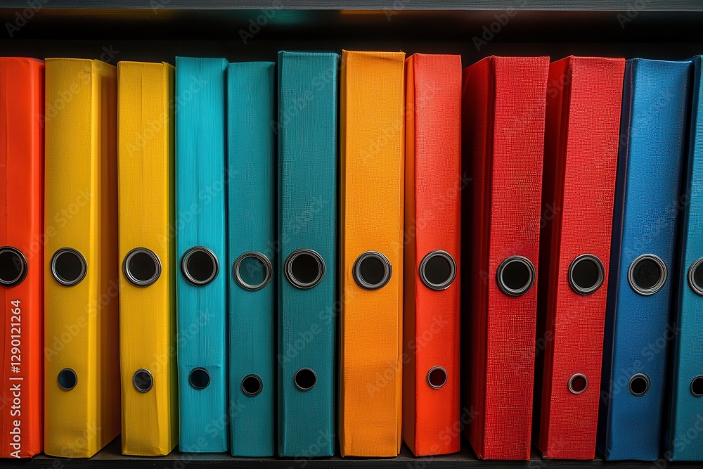 Colorful Office Folders Neatly Arranged on a Bookshelf for Easy Access and Organization. Generative AI Colorful Office Folders Neatly Arranged on a Bookshelf for Easy Access and Organization. Generative AI