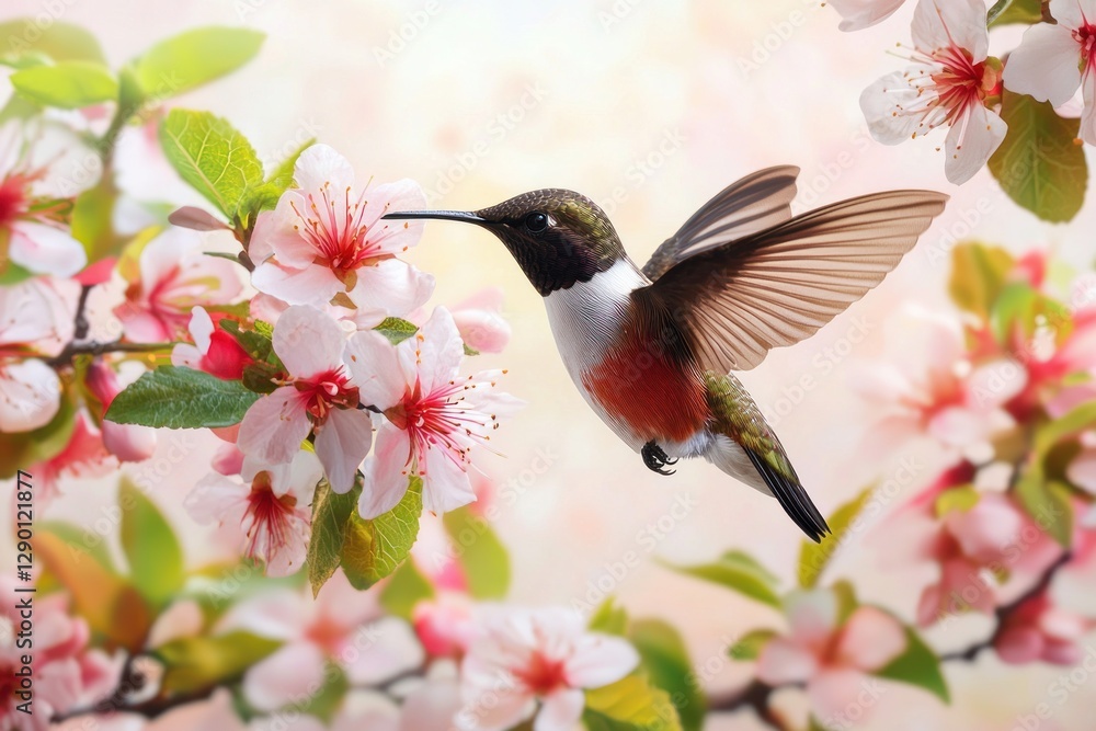 Naklejka premium Hummingbird Delight in Cherry Blossom Spring Garden A Vibrant Scene of Nature's Beauty Featuring Delicate Flowers and a Graceful Bird in Flight Capturing the Essence of Spring