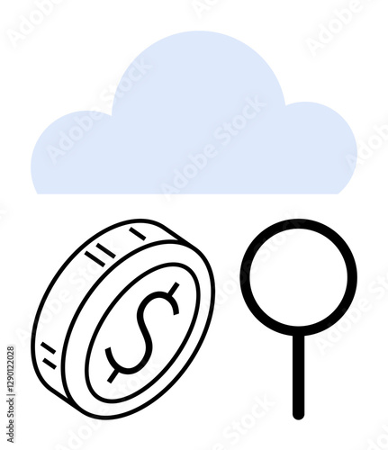 Dollar coin, magnifying glass, and blue cloud symbolizing cloud finance, data scrutiny, and digital resources. Ideal for fintech, cloud storage, economics, technology analysis savings and abstract