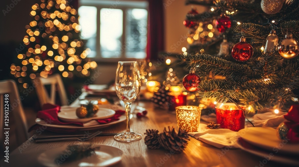 Festive Christmas Eve Dinner Table Setting with Sparkling Lights and Elegant Decorations for Holiday Celebration Festive Christmas Eve Dinner Table Setting with Sparkling Lights and Elegant Decorations for Holiday Celebration
