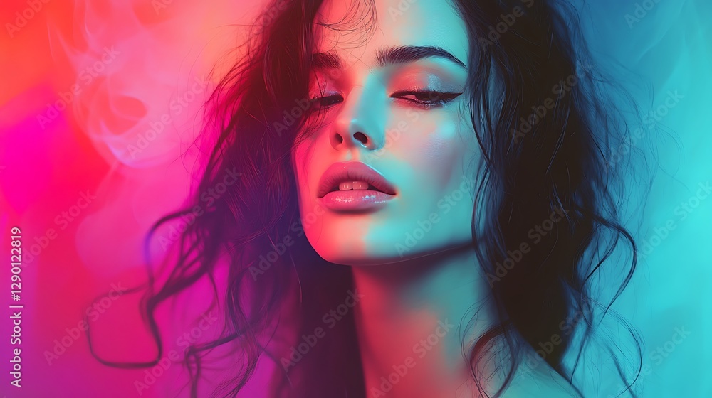 Close-up portrait of a young woman with long dark curly hair, illuminated by vibrant pink and blue neon lights. Close-up portrait of a young woman with long dark curly hair, illuminated by vibrant pink and blue neon lights.