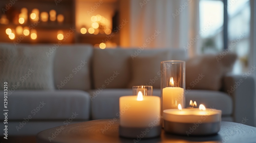 Cozy living room with lit candles creating warm ambiance Cozy living room with lit candles creating warm ambiance