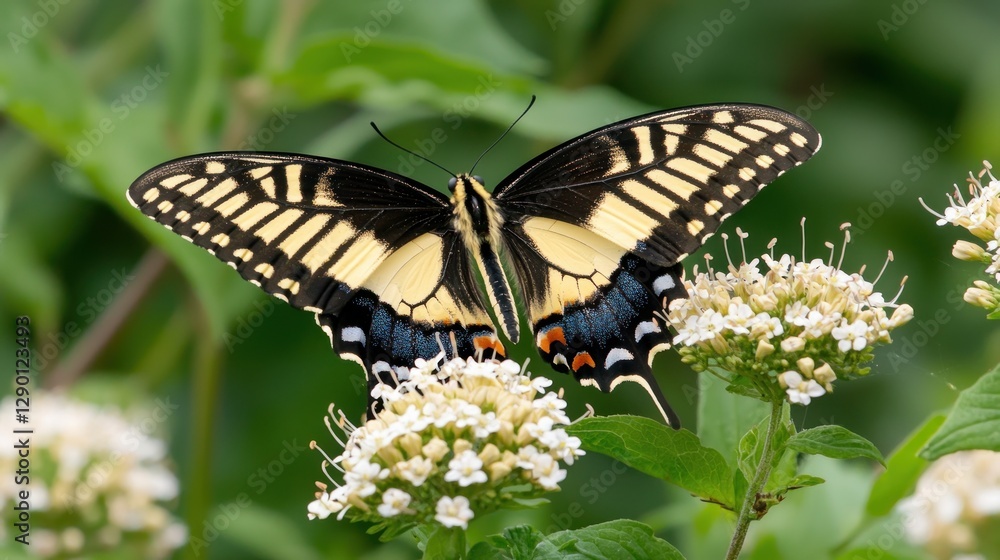 Fototapeta premium Striking eastern tiger swallowtail butterfly gracefully perched on delicate white flowers in a lush green garden setting